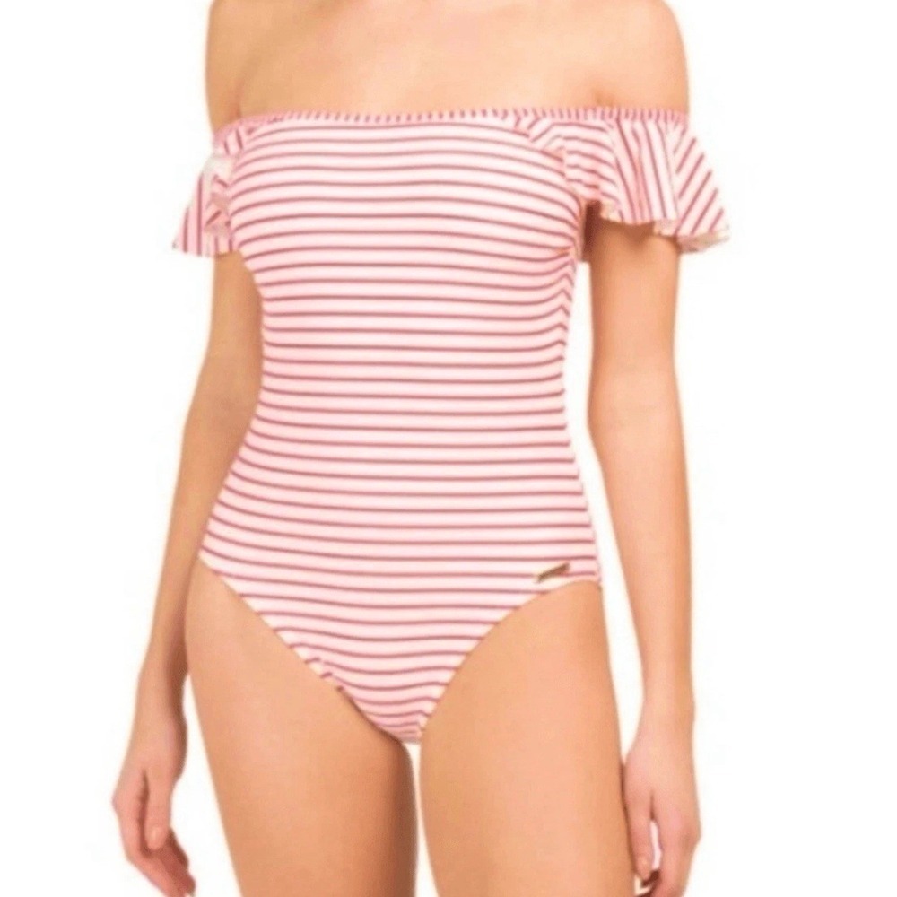 Vince Camuto Swim One Piece Swimsuit Red White Striped Ruffles Off Shoulder 12
